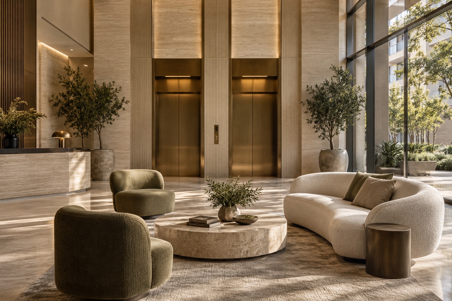 Illustrative residential lobby with lifts, shared seating and landscaped surroundings