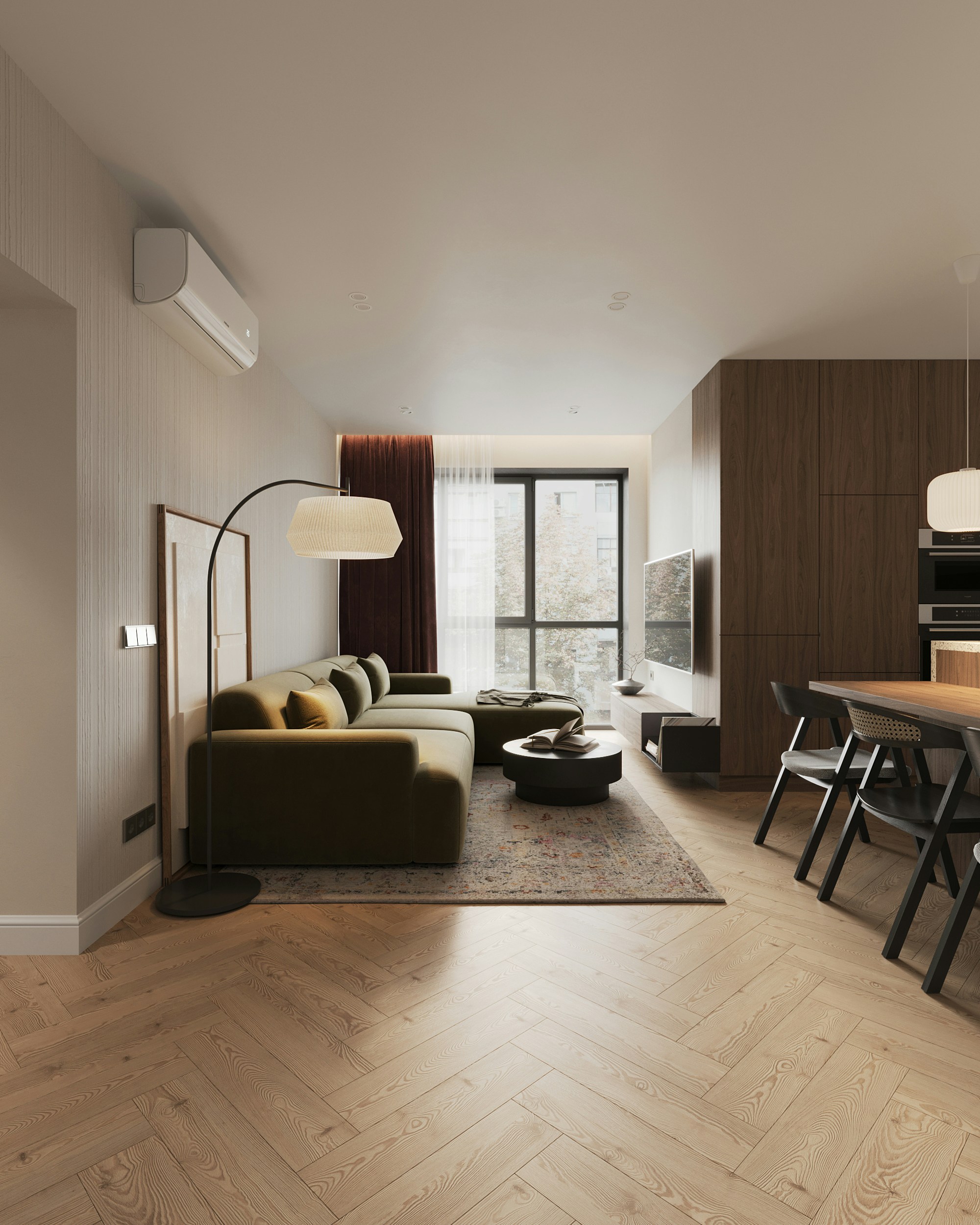 Modern living room with an olive sofa, wood finishes, and a dining area